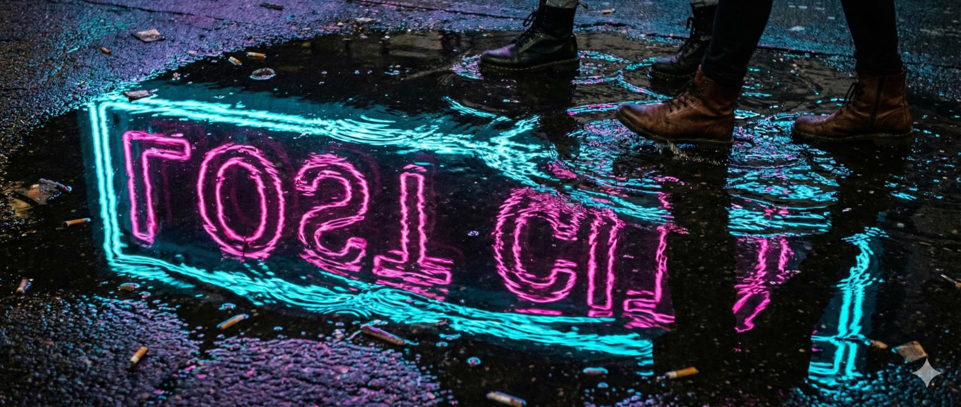 LOST CITY neon sign reflected in a rain puddle